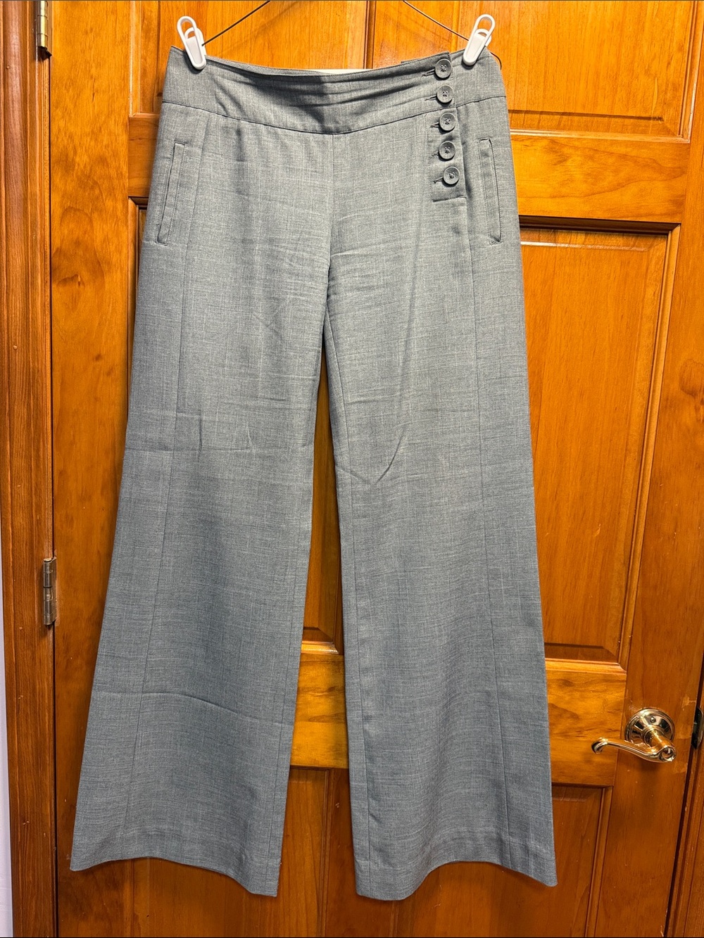 CAbi Women's Wide-Leg Pants in Light Gray with Side Button Detail